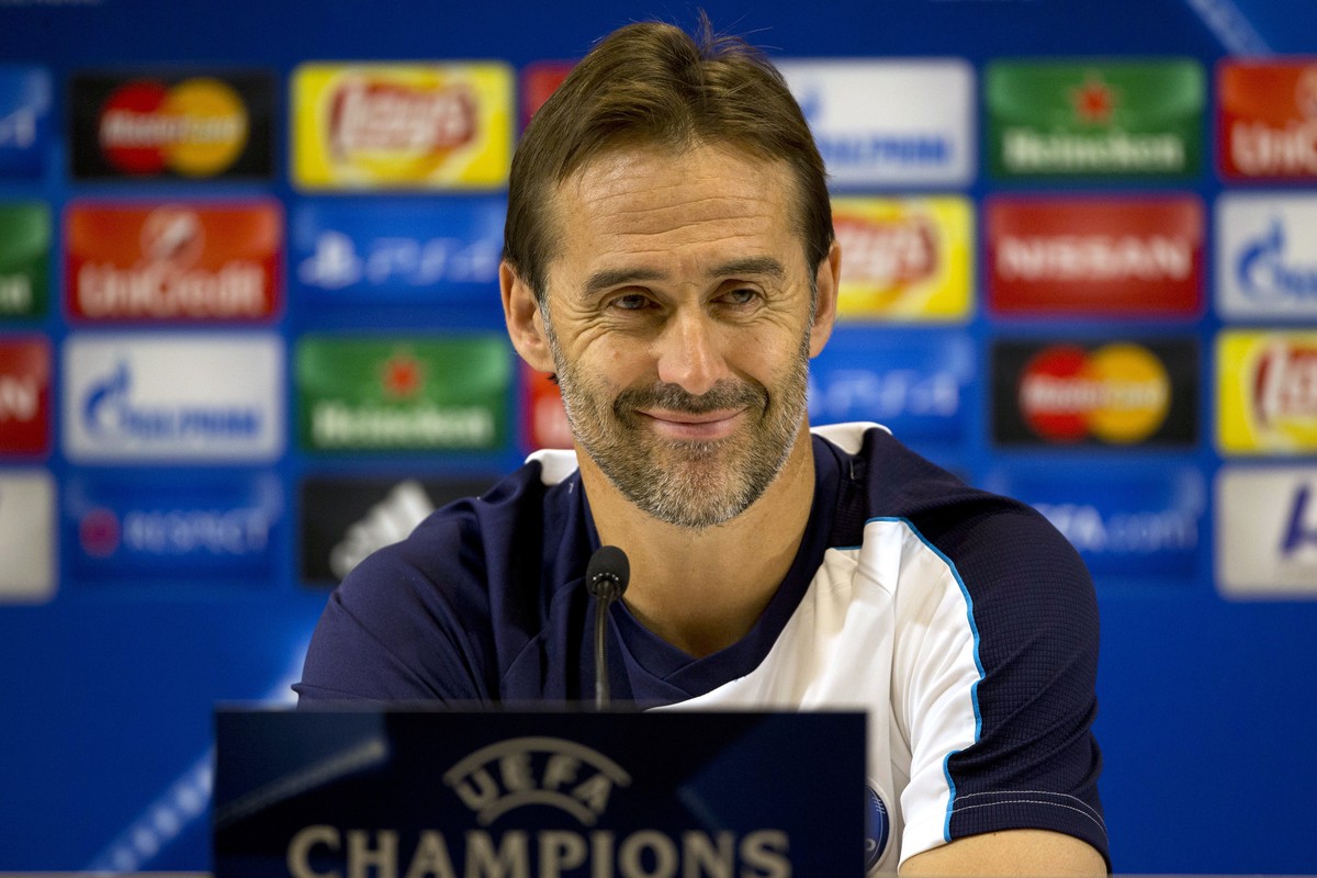 FILE - In this Tuesday, Nov. 3, 2015 file photo, Porto's then head coach Julen Lopetegui smiles during a press conference ahead of a group G Champions League soccer match against Maccabi Tel Aviv ...