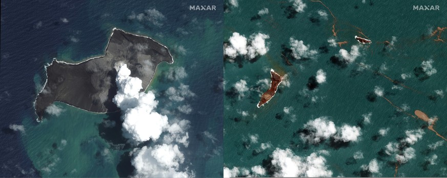 epa09692108 (COMPOSITE) - A handout composite satellite image made available by Maxar Technologies shows satellite imagery acquired on 06 January 2022 (L) and on 18 January 2022 (R) of the Hunga Tonga ...