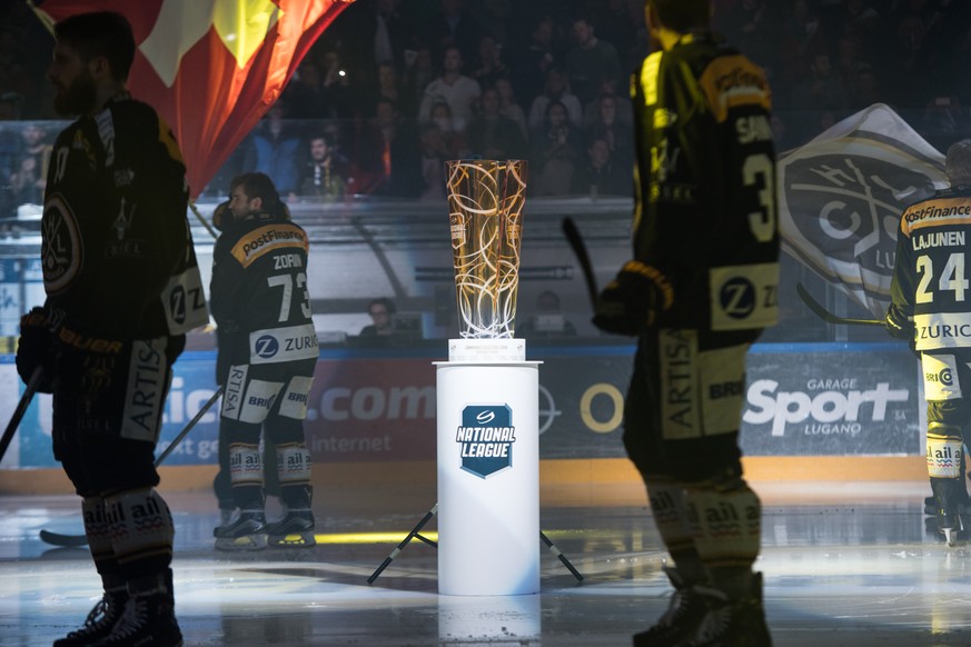 The Championship trophy during the third match of the playoff final of the National League of the ice hockey Swiss Championship between the HC Lugano and the ZSC Lions, at the ice stadium Resega in Lu ...