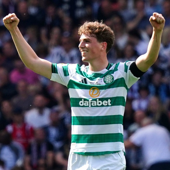 Celtic's Arne Engels celebrates scoring their side's second goal of the game during the Men's Scottish Cup final between Celtic and Dunfermline in Glasgow, Scotland, Saturday May 23, 20 ...