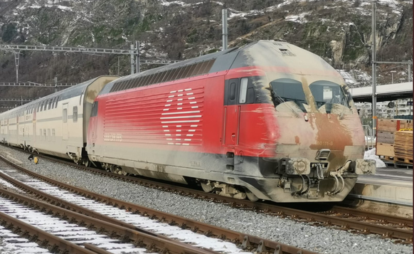 Ein Zug nach der Durchfahrt durch den Lötschberg-Basistunnel