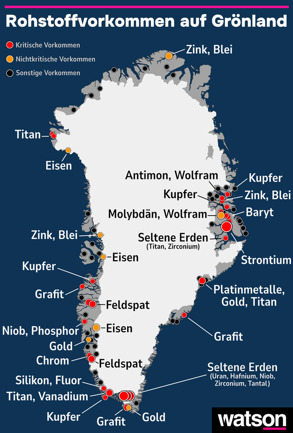 Die Grafik zeigt, wo in Grönland welche Rohstoffe zu finden sind.