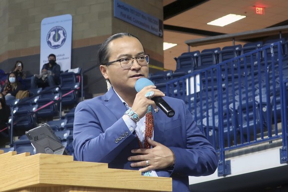Navajo Nation President Buu Nygren speaks to a crowd at an indoor sports arena, Tuesday, Jan. 10, 2023, in Fort Defiance, Ariz.  Nygren was sworn in as president and is the youngest person to have served in…