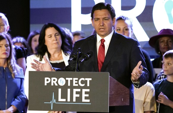 FILE - Florida Gov. Ron DeSantis speaks to supporters before signing a 15-week abortion ban into law Thursday, April 14, 2022, in Kissimmee, Fla. In Florida, a DeSantis-backed measure to ban abortion  ...