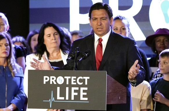 FILE - Florida Governor Ron DeSantis speaks to supporters before signing a 15-week abortion ban on Thursday, April 14, 2022 in Kissimmee, Fla.  In Florida, a DeSantis-backed measure to ban abortion…