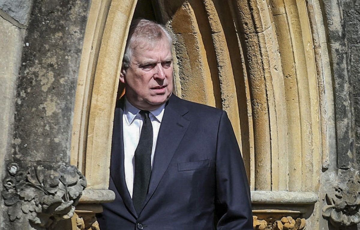 FILE - Britain's Prince Andrew appears at the Royal Chapel at Windsor, following the death announcement of his father Prince Philip, April 11, 2021, in England. Prince Andrew wants a jury to deci ...