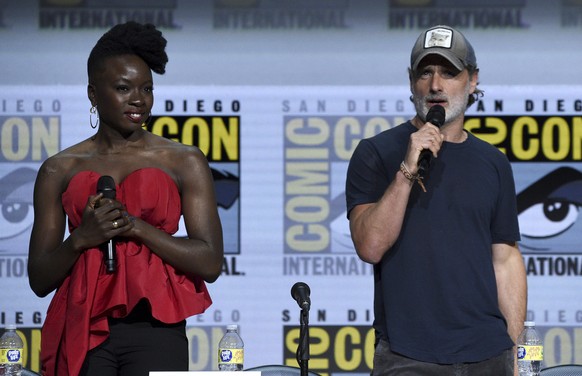 Danai Gurira, left, and Andrew Lincoln attend a panel for &quot;The Walking Dead&quot; on day two of Comic-Con International on Friday, July 22, 2022, in San Diego. (Photo by Richard Shotwell/Invision ...