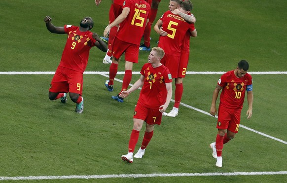 epa06859511 Players of Belgium (Romelu Lukaku, Kevin de Bruyne and Eden Hazard, L-R) react after the FIFA World Cup 2018 round of 16 soccer match between Belgium and Japan in Rostov-On-Don, Russia, 02 ...