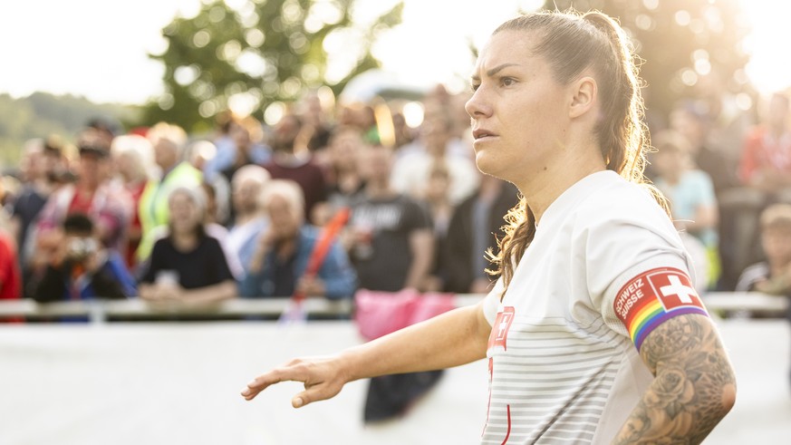 Switzerland&#039;s Ramona Bachmann reacts during a women&#039;s international friendly soccer match between Switzerland and Morocco at the Schuetzenwiese stadium in Winterthur on July 5, 2023. (KEYSTO ...