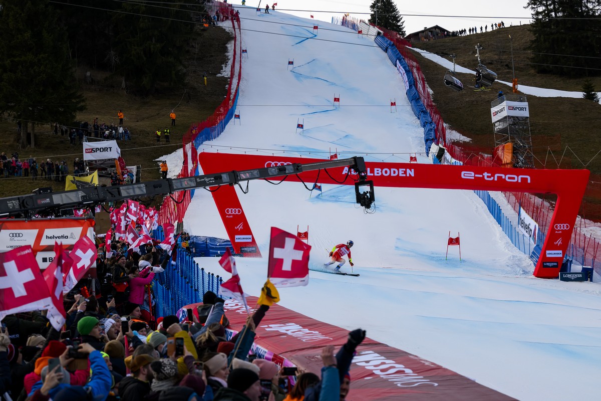 Marco Odermatt of Switzerland reacts in the finish area during the second run of the men's giant slalom race at the Alpine Skiing FIS Ski World Cup in Adelboden, Switzerland, Saturday, January 7, ...