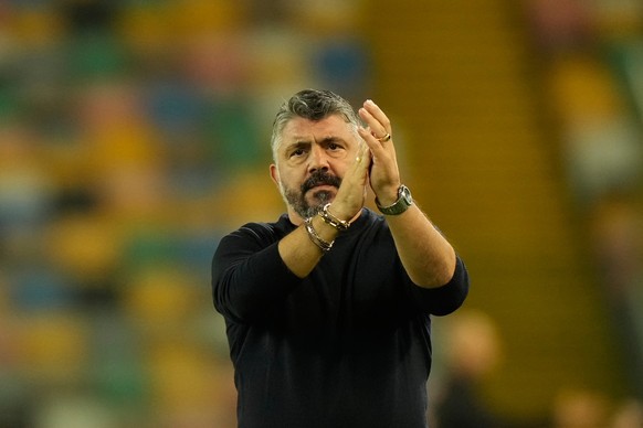 FILE - Italy coach Gennaro Gattuso waves his supporters at the end of the World Cup 2026 Group I qualifying soccer match between Italy and Israel at the Bluenergy Stadium in Udine, Italy, Tuesday, Oct ...