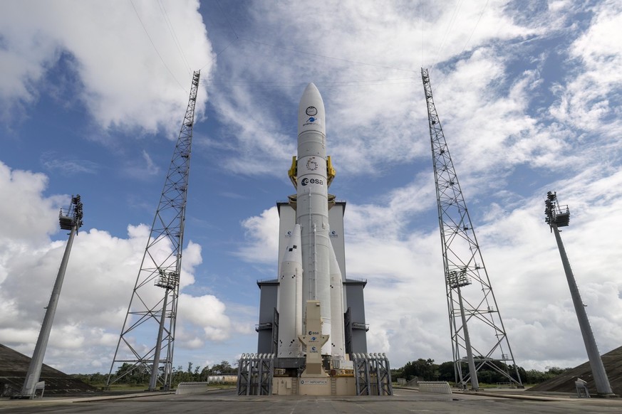 First clear view of the Ariane 6 rocket that will launch into space on the launch pad at Europe’s Spaceport in French Guiana, 20 June 2024.

Europe’s new rocket Ariane 6 went through a full ‘wet dress ...