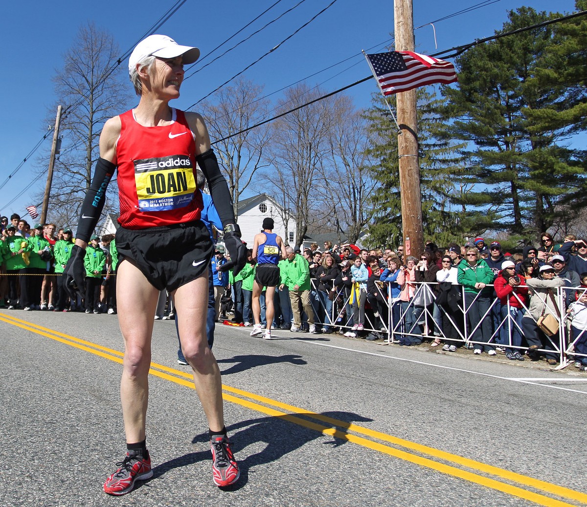 Boston Marathon legend Joan Benoit Samuelson warms-up prior to the 115th running of the Boston Marathon, in Hopkinton, Mass., Monday, April 18, 2011. (AP Photo/Stew Milne)