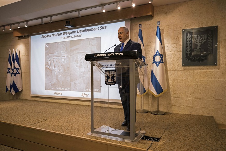 Israeli Prime Minister Benjamin Netanyahu, speaks during a press conference at the foreign ministry in Jerusalem, Monday, Sept. 9, 2019. Netanyahu on Monday unveiled what he said was a previously undi ...