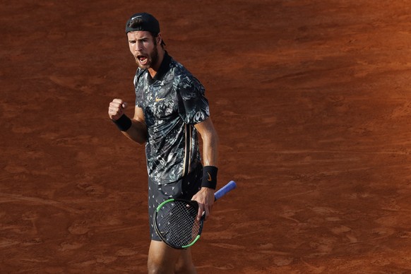 Russia&#039;s Karen Khachanov clenches his fist after scoring a point against Argentina&#039;s Juan Martin del Potro during their fourth round match of the French Open tennis tournament at the Roland  ...