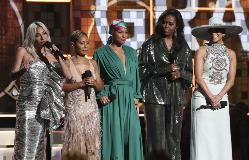 Lady Gaga, from left, Jada Pinkett Smith, Alicia Keys, Michelle Obama and Jennifer Lopez speak at the 61st annual Grammy Awards on Sunday, Feb. 10, 2019, in Los Angeles. (Photo by Matt Sayles/Invision ...