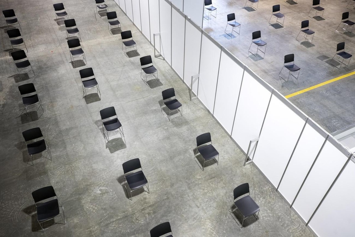 Das Impfzentrum Messe Zuerich, aufgenommen am Dienstag, 9. Maerz 2021, in Oerlikon. Das Impfzentrum soll ab dem 6. April geoeffnet sein und taeglich koennen bis zu 4000 Menschen geimpft werden. (KEYST ...