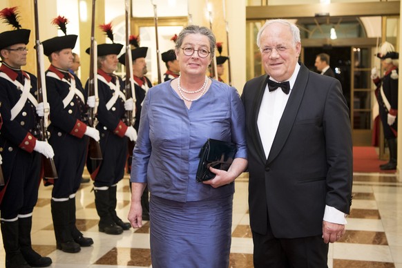 Johann Schneider-Ammann, President of the Swiss Confederation, right, and his wife Katharina, pose for photographers during a Gala Dinner at Bernerhof in Bern, Switzerland, Monday, October 17, 2016. M ...