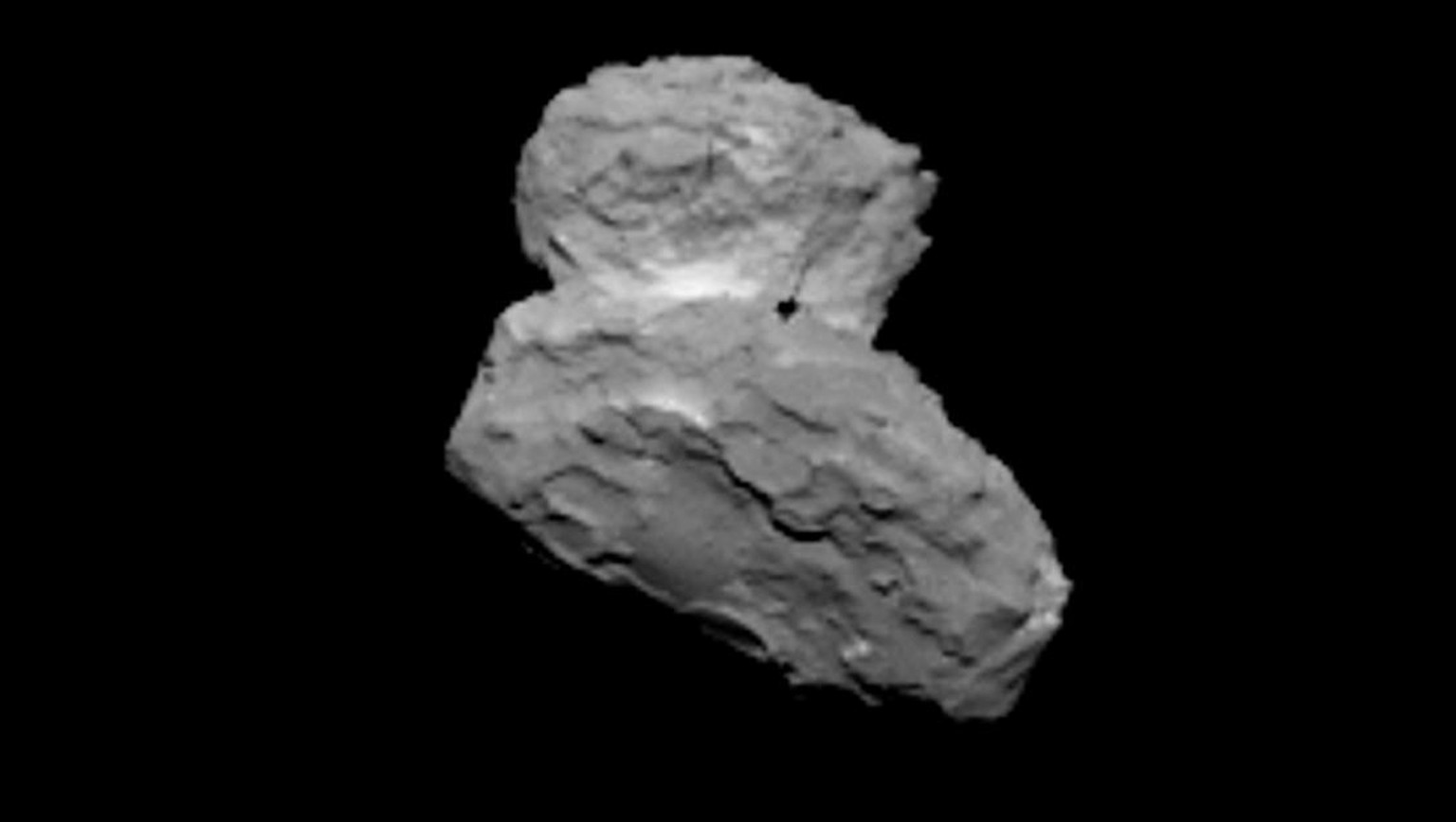 Der Komet, der aussieht wie eine Gummiente: 67P/Tschurjumow-Gerassimenko aus einer Distanz von 1000 km, von OSIRIS fotografiert.&nbsp;