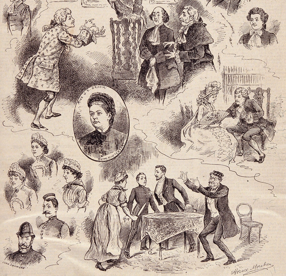 Des actrices et acteurs sourds de la «Hackney Mission to the Deaf and Dumb» interprètent des pièces de théâtre. Gravure sur bois de 1884 (détail).
https://wellcomecollection.org/works/c5ctn7w4/images? ...