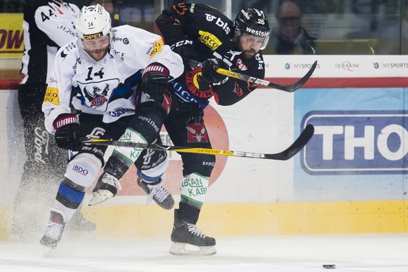 Berns Andrew Ebbett, rechts, im Spiel gegen Fribourgs Ralph Stalder, waehrend dem Eishockey-Meisterschaftsspiel der National League zwischen dem SC Bern und dem HC Fribourg-Gotteron, am Samstag, 23. D ...