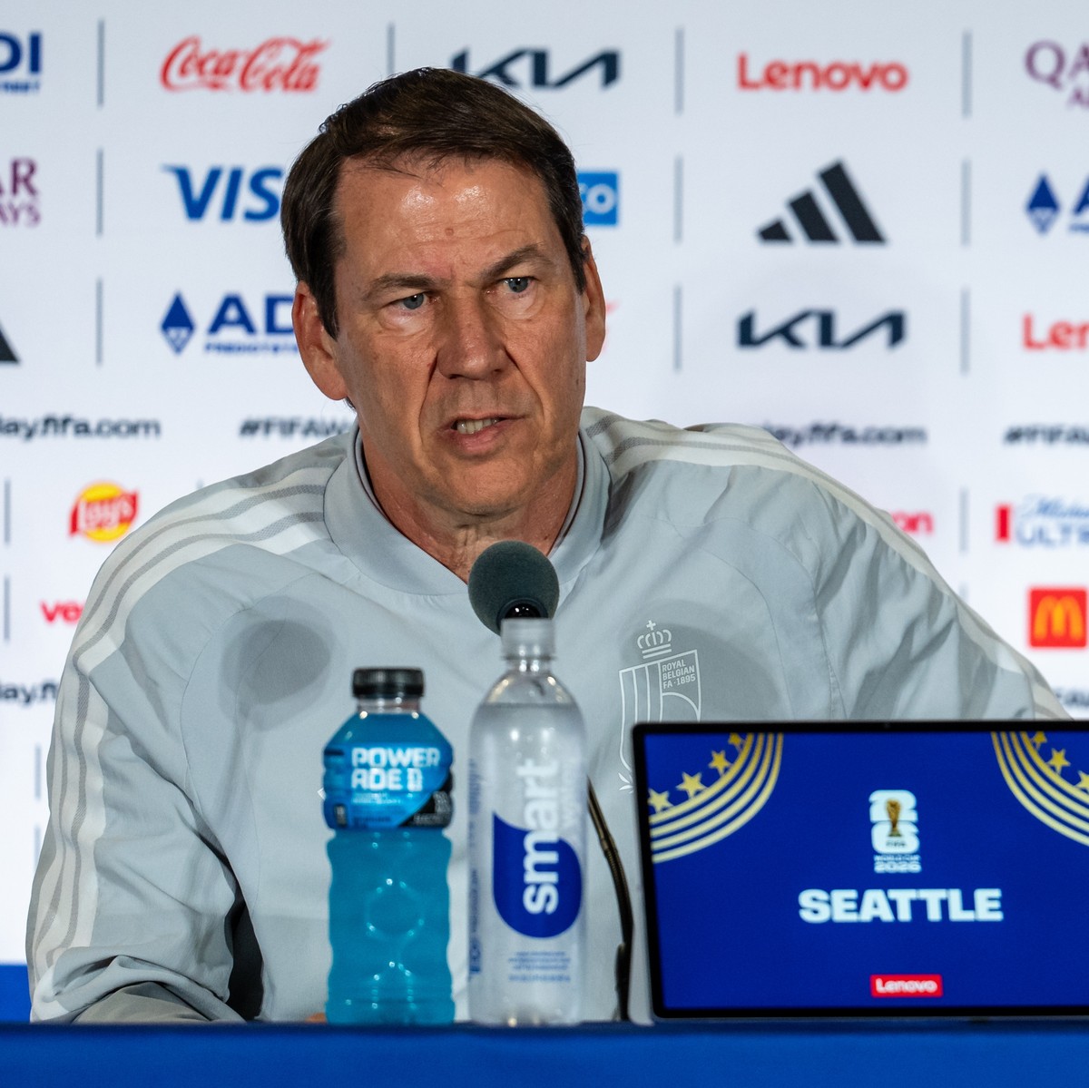 epa13089802 Belgium head coach Rudi Garcia speaks during a press conference ahead of the FIFA World Cup 2026 Round of 16 match between USA and Belgium, in Seattle, Washington State, USA, 05 July 2026. ...