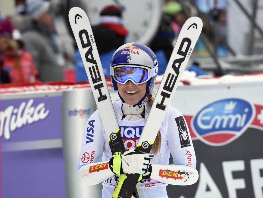 United States&#039; Lindsey Vonn smiles in the finish area of an alpine ski, women&#039;s World Cup super-G, in Val d&#039;Isere, France, Saturday, Dec. 16, 2017. (AP Photo/Marco Tacca)