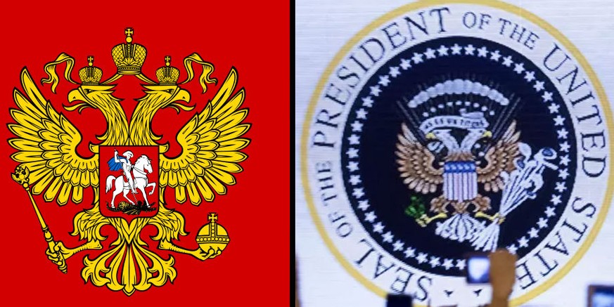 Links das Wappen der Russischen Föderation. Rechts das manipulierte Siegel.