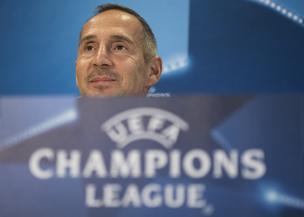 YB's coach Adi Huetter looks on during a press conference one day prior to the UEFA Champions League playoff match between Switzerland's BSC Young Boys and Russia's ZSKA Moscov, in the  ...