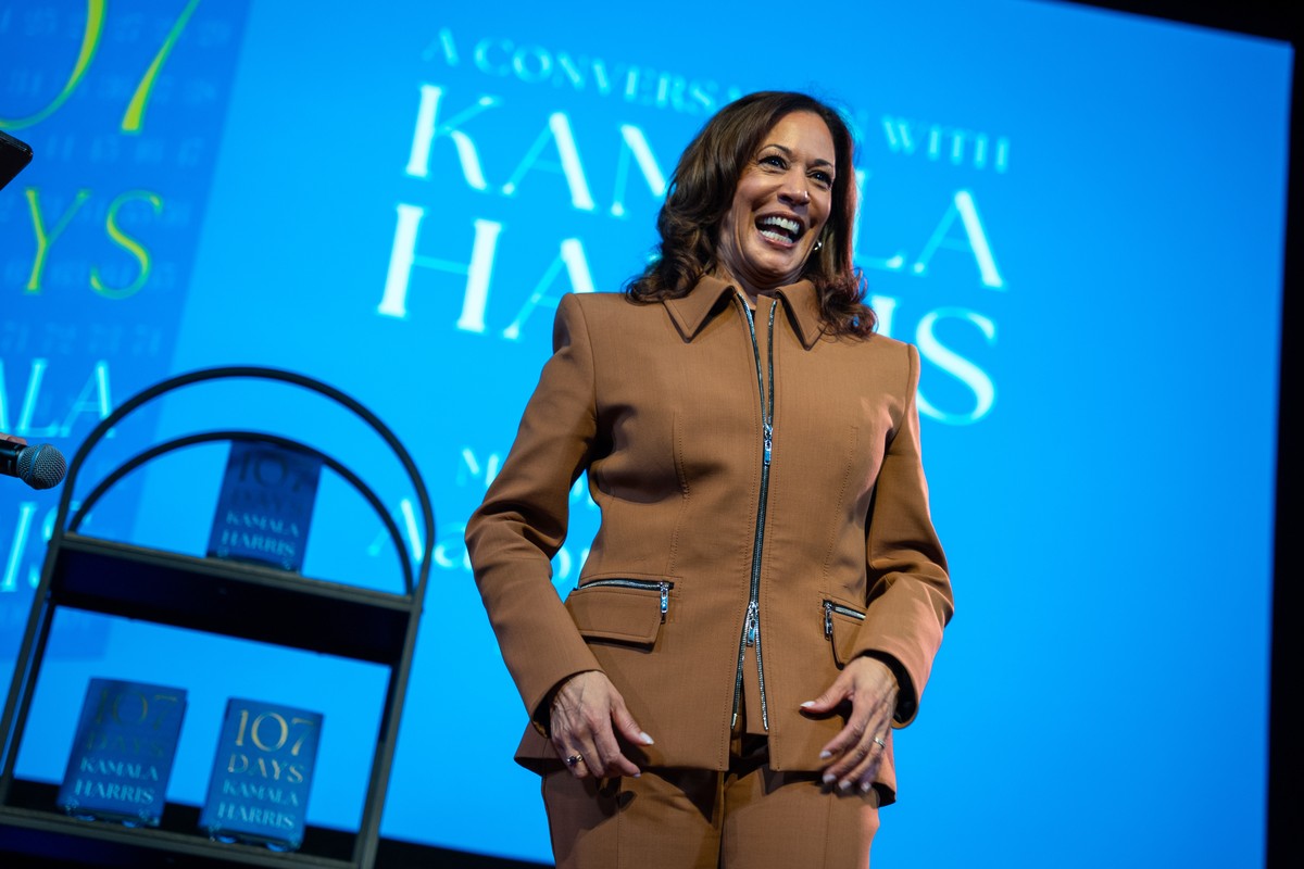 Former Vice President Kamala Harris exits the stage after the first stop of her book tour for her new book about her presidential campaign, "107 Days," at Town Hall in New York, Wednesday, S ...