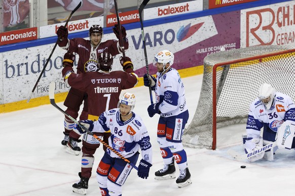 Geneve-Servette&#039;s defender Henrik Toemmernes #7 celebrates his goal with his teammate Geneve-Servette&#039;s forward Valtteri Filppula #51 after scoring the 3:3, during a National League regular  ...