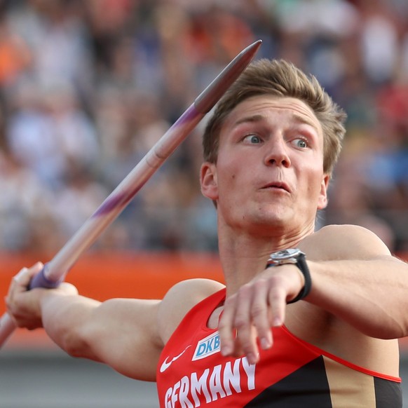 epa05413360 Thomas Roehler of Germany competes in the Javelin Throw Men Final at the European Athletics Championships 2016 at the Olympic Stadium in Amsterdam, The Netherlands, 07 July 2016. EPA/Micha ...