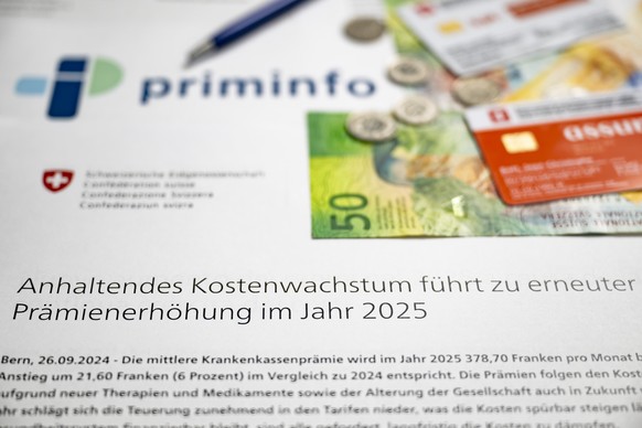 Une illustration pour la hausse des primes d&#039;assurance-maladie, montre le communique de la Confederation qui annonce une augmentation des primes pour l&#039;annee 2025 le jeudi 26 septembre 2024  ...