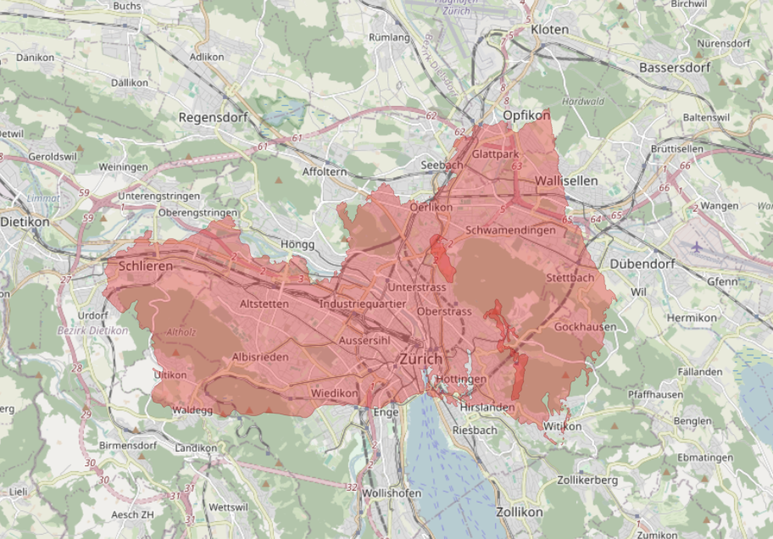 Die Grösse des Los Angeles Feuers in Palisades über Zürich
