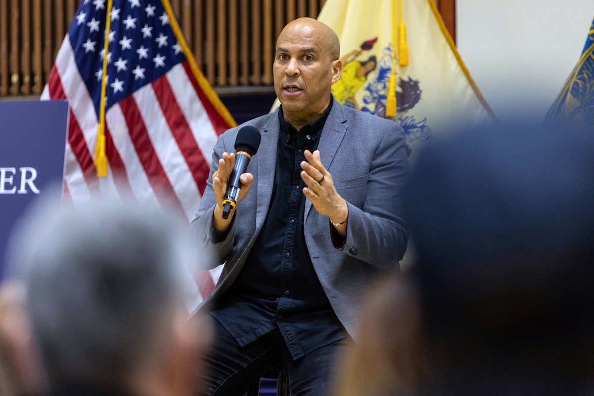 Sen. Cory Booker, D-N.J., speaks at a town hall event held at the Bergen Community College in Paramus, N.J., on on Saturday, April 5, 2025. (AP Photo/Stefan Jeremiah)
Cory Booker