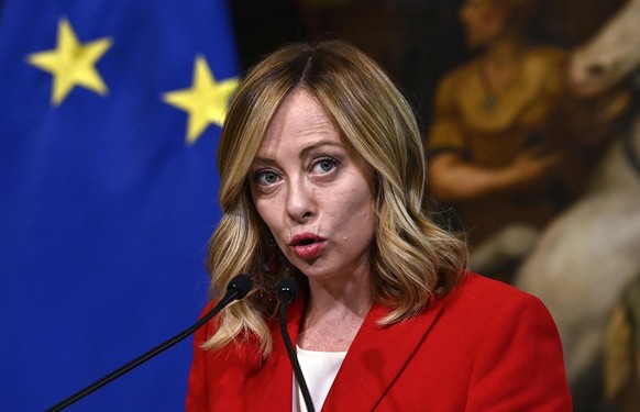 epa11337503 Italian Prime Minister Giorgia Meloni speaks during a press conference after her meeting with Czech Prime Minister Fiala, at the Palazzo Chigi in Rome, Italy, 13 May 2024. EPA/RICCARDO ANT ...