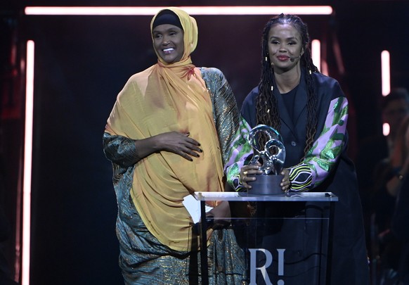 Laureates Fartuun Adan and her daughter Ilwad Elman, founders of Elman Peace, at the 2022 Right Livelihood Award ceremony at Cirkus, in Stockholm, Wednesday, Nov. 30 2022. (Maja Suslin/TT via AP)