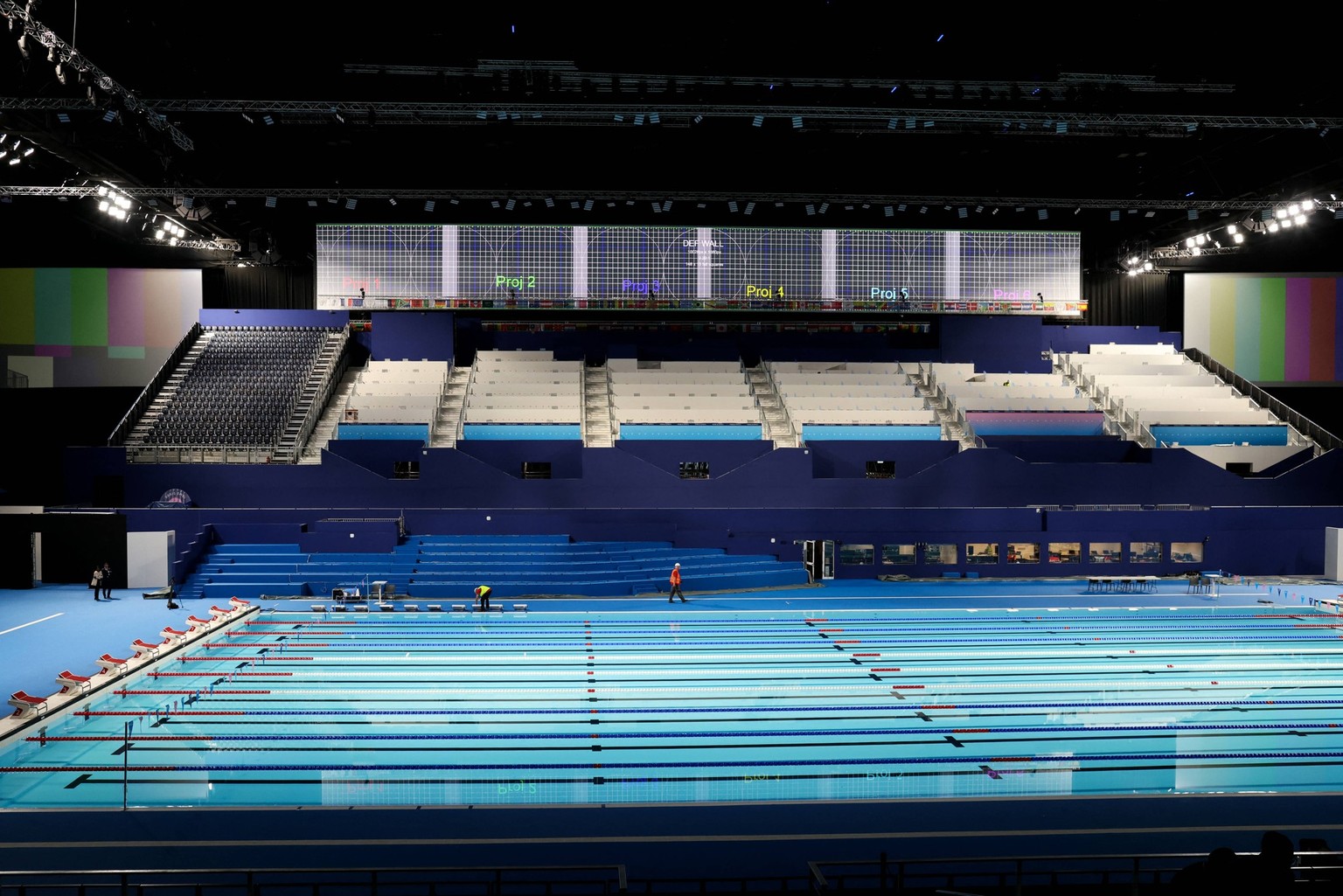 French Prime Minister Gabriel Attal during a visit of Olympic competition pools at the Arena Paris La DÃ fense in Nanterre Illustration during a visit by the Prime Minister of Olympic competition pool ...