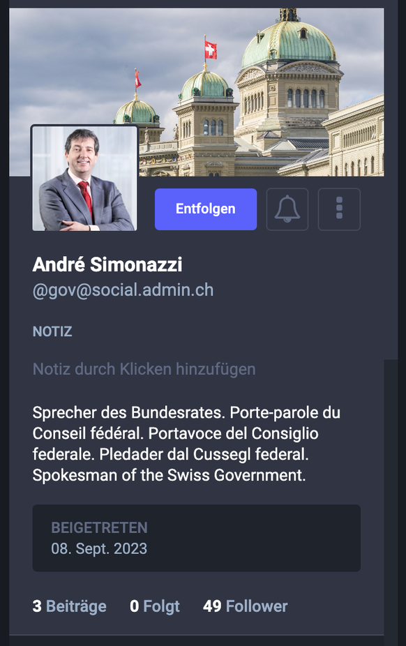 Mastodon-Profil des Bundesratssprechers André Simonazzi. Quelle: https://social.tchncs.de/@gov@social.admin.ch