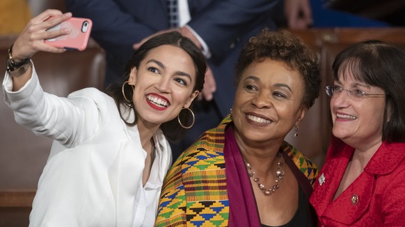 Rep.-elect Alexandria Ocasio-Cortez, a freshman Democrat representing New York's 14th Congressional District, takes a selfie with Rep. Ann McLane Kuster, D-NH, and Rep. Barbara Lee, D-Calif., on  ...