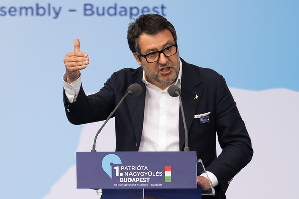 Italy's Matteo Salvini speaks at an assembly of European far-right parties with Hungarian Prime Minister Viktor Orbán Patriots for Europe group, in Budapest, Hungary, Monday, March 23, 2026. (AP  ...