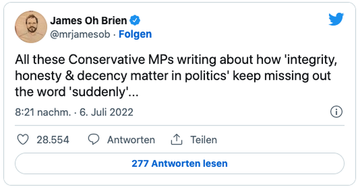 «All diese konservativen Abgeordneten, die darüber schreiben, wie wichtig ‹Integrität, Ehrlichkeit und Anstand in der Politik› sind, lassen immer wieder das Wort ‹plötzlich› aus ...»