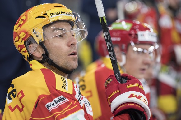 Biels Mathieu Tschantre im Eishockey Meisterschaftsspiel der National League zwischen dem EHC Biel und dem Geneve Servette HC, am Freitag, 21. September 2018, in der Tissot Arena in Biel. (PPR/Peter S ...