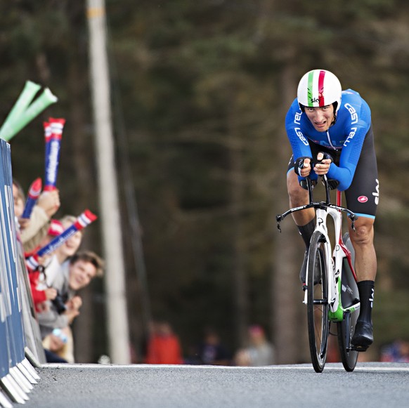 Gianni Moscon from Italy competes in the UCI Cycling Road World Championships men&#039;s elite individual time trial, in Bergen, Norway, Wednesday, Sept. 20, 2017. (Marit Hommedal/ NTB scanpix via AP)