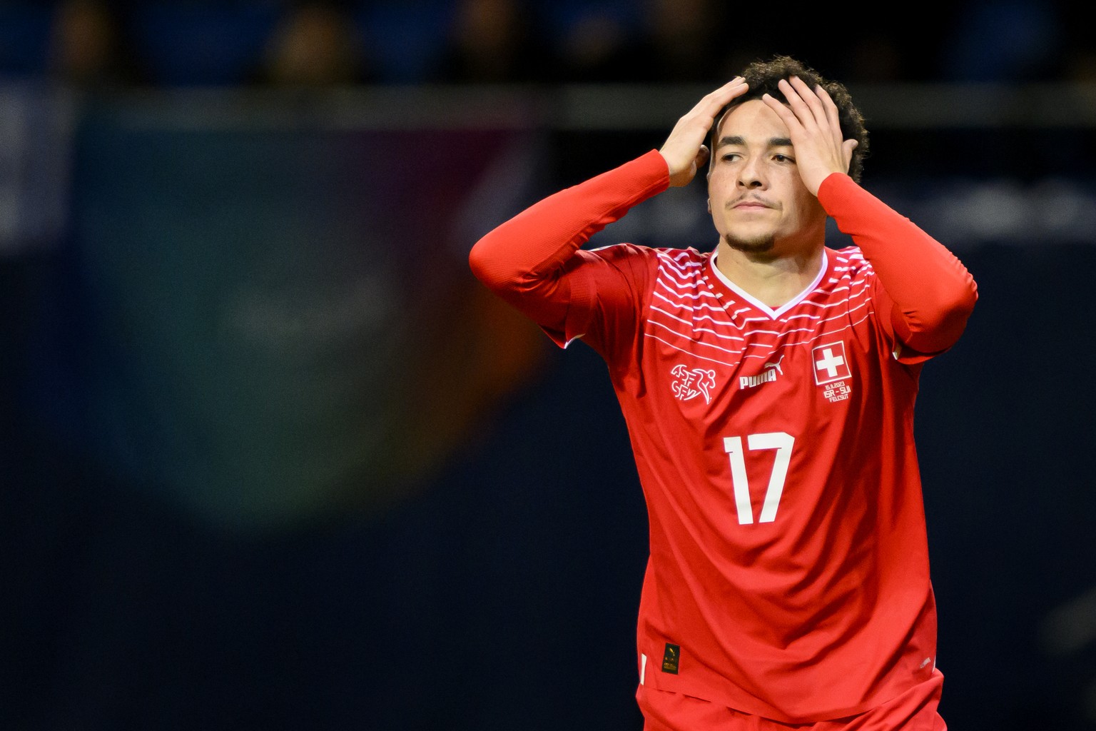 Switzerland&#039;s midfielder Ruben Vargas reacts during the UEFA Euro 2024 qualifying group I soccer match between Israel and Switzerland at Pancho Arena in Felcsut, southwest of Budapest, Hungary, W ...