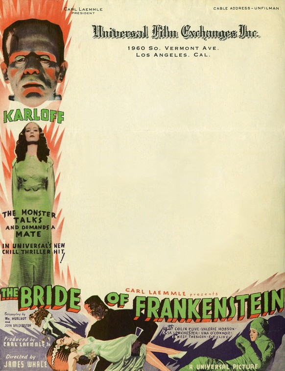 1935
This striking letterhead was created in 1935 to promote the release of The Bride of Frankenstein, a masterpiece of early horror cinema in which Boris Karloff reprised his iconic role as the Monst ...