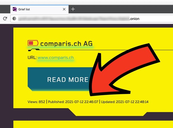 Gemäss Zeitangabe auf der Darknet-Webseite erfolgte die Veröffentlichung der Comparis-Firmendaten am 12. Juli 2021.