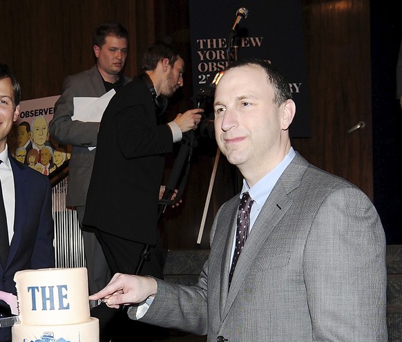 FILE- In this March 14, 2013 file photo, New York Observer editor Ken Kurson, right, publisher Jared Kushner, center, and CEO Joseph Meyer, attend The New York Observer&#039;s 25th anniversary party a ...