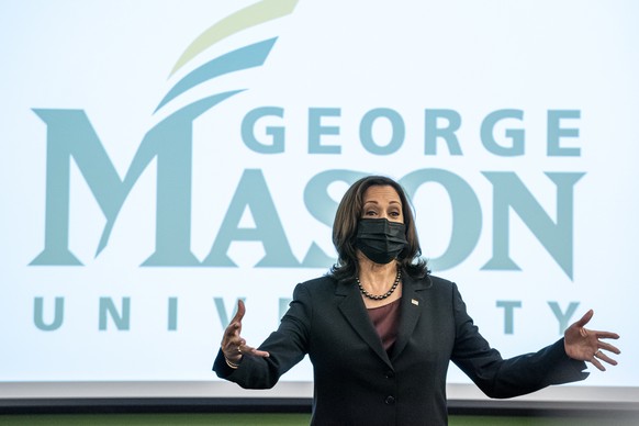 epa09493726 US Vice President Kamala Harris visits a political science class to commemorate National Voter Registration Day at George Mason University in Fairfax, VA , USA, 28 September 2021. Harris d ...