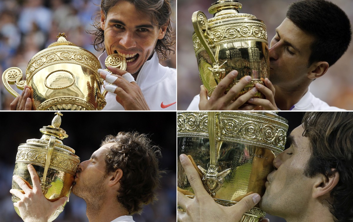 FILE - Clockwise from top left are file photos showing Rafael Nadal biting the Wimbledon men's singles trophy after defeating Tomas Berdych on July 4, 2010; Novak Djokovic kissing the Wimbledon m ...